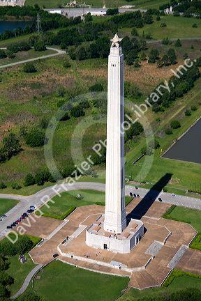 Aerial view of the San Jacinto Monument along the Houston Ship Channel in Houston, Texas.