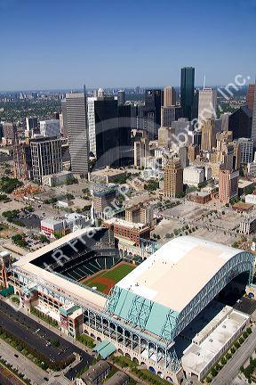 Aerial view of Minute Maid Park and downtown Houston, Texas.