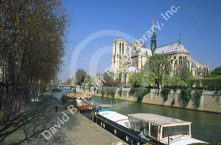 Notre Dame Ccathedral along the River Seine in Paris, France.