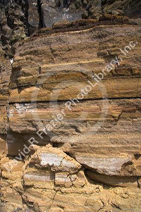 Horizontal stratifications in sedimentary rock covered with basalt along the Snake River at Swan Falls, Idaho.