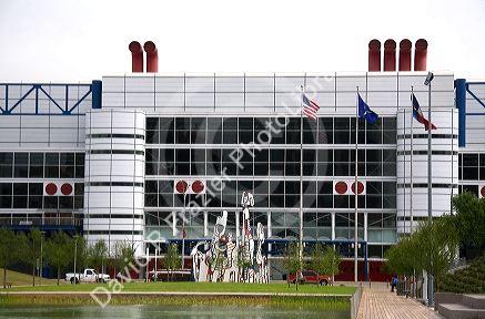 George R. Brown Convention Center and sculpture named Monument au Fantome by Jean Dubuffet at Discovery Green public park in Houston, Texas.