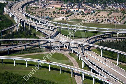 Aerial view of the freeway interchange of Interstate 45 and the State Highway Beltway 8 in Houston, Texas.
