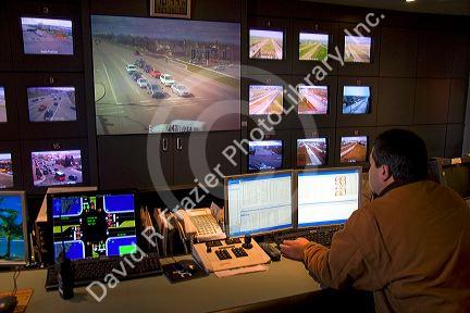Employee looking at video of traffic at the Ada County Highway District in Boise, Idaho.
