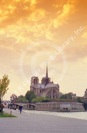 Sunset along thr River Seine in Paris near Notre Dame Cathedral.