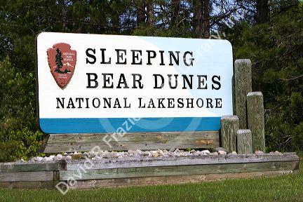 Sign at the entrance of the Sleeping Bear Dunes National Lakeshore located along the northwest coast of the lower peninsula of Michigan.
