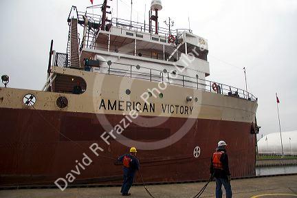 American Victory freighter in the Soo Locks at Sault Ste. Marie, Michigan.