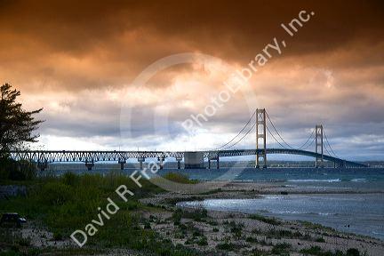 The Mackinac Bridge spanning the Straits of Mackinac at Mackinaw City, Michigan.
