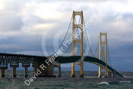 The Mackinac Bridge spanning the Straits of Mackinac at Mackinaw City, Michigan.