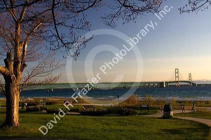 The Mackinac Bridge spanning the Straits of Mackinac at Mackinaw City, Michigan.
