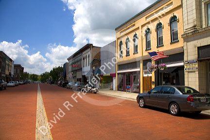 Red brick main street in Ionia, Michigan.