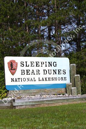 Sign at the entrance of the Sleeping Bear Dunes National Lakeshore located along the northwest coast of the lower peninsula of Michigan.