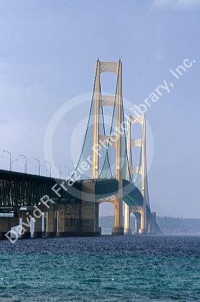 The Mackinac Bridge spanning the Straits of Mackinac near Mackinaw City, Michigan.