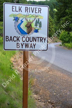Road sign marking the Elk River Backcountry Byway in Clearwater County, Idaho.
