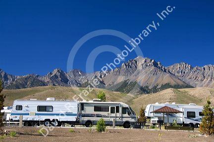 RV camping at the Joe T. Fallini BLM campground below the mountain peaks of the Lost River Range in central Idaho at Mackay Reservoir.