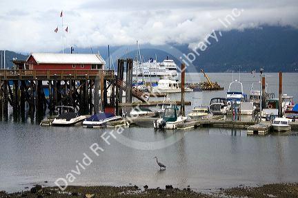 Boats docked at Horseshoe Bay as BC Ferry arrives in West Vancouver, British Columbia, Canada.