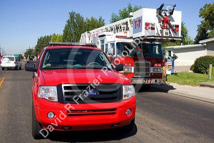 Battalion chief and ladder firetruck are part of the Boise Fire Department.