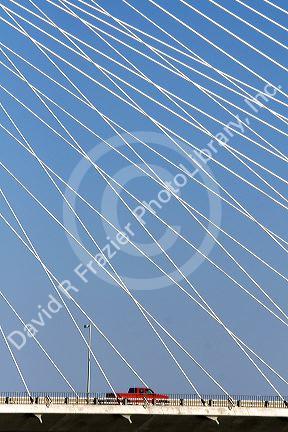 Truck crossing the Ed Hendler Bridge spanning the Columbia River between Pasco and Kennewick, Washington.