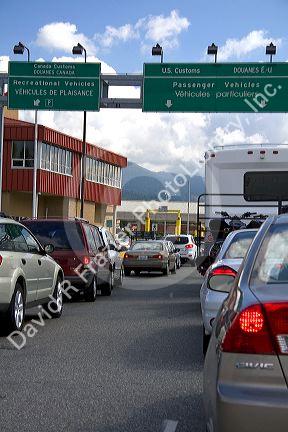 Cars waiting to enter the United States at the Canadian port of entry in Abbotsford, British Columbia.