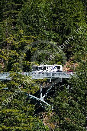 RV crossing the Gorge Creek Bridge on the North Cascades Highway, Washington.