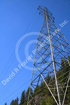Electric power transmission lines near Diablo Dam in the North Cascade Range, Washington.