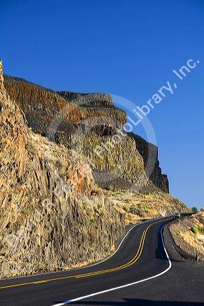 Basalt rock cliffs along the highway near Soap Lake, Washington.