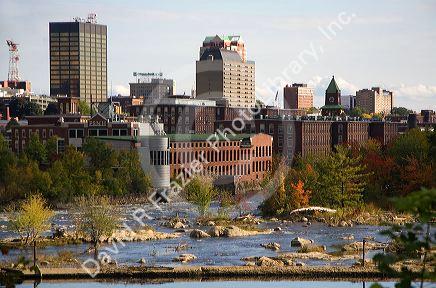 Merrimack River and mill district at Manchester, New Hampshire, USA.
