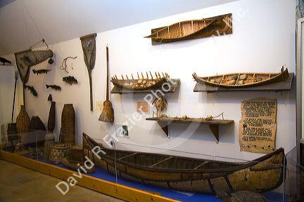 Native American birch bark canoe and other historic artifacts in the Kearsarge Indian Museum, Education and Cultural Center located in Warner, New Hampshire, USA.