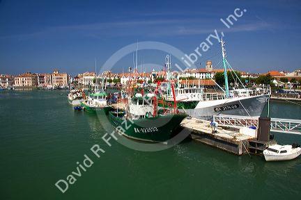 Boats in the harbor at Ciboure, Pyrenees Atlantiques, French Basque Country, Southwest France.