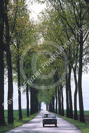 An automobile driving in the French countryside.