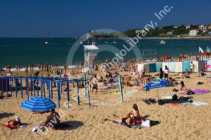 Beach scene in the bay at Saint-Jean-de-Luz, Pyrenees Atlantiques, French Basque Country, Southwest France.