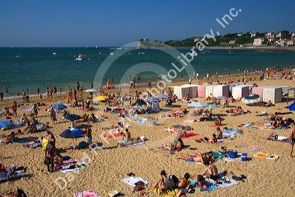 Beach scene in the bay at Saint-Jean-de-Luz, Pyrenees Atlantiques, French Basque Country, Southwest France.