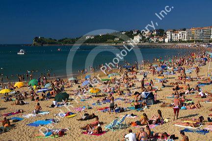 Beach scene in the bay at Saint-Jean-de-Luz, Pyrenees Atlantiques, French Basque Country, Southwest France.