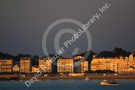 Condominiums at sunset in the commune of Saint-Jean-de-Luz, Pyrenees Atlantiques, French Basque Country, Southwest France.