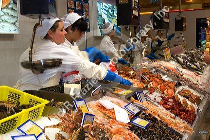 Seafood counter inside the Eroski supermarket in the town of Castro Urdiales, Cantabria, northern Spain.