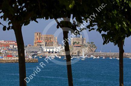 Church of Santa Maria and castle lighthouse in the harbor at Castro Urdiales, Cantabria, northern Spain.