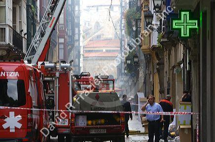 Firetrucks on the scene of an apartment fire in the city of Bilbao, Biscay, northern Spain.
