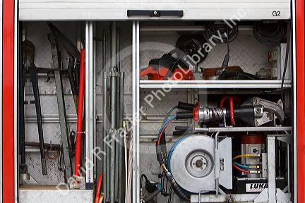 Fire fighting equipment on a firetruck in the city of Bilbao, Biscay, northern Spain.