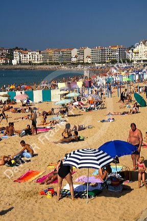 Beach scene in the bay at Saint-Jean-de-Luz, Pyrenees Atlantiques, French Basque Country, Southwest France.