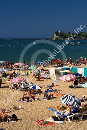 Beach scene in the bay at Saint-Jean-de-Luz, Pyrenees Atlantiques, French Basque Country, Southwest France.