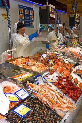 Seafood counter inside the Eroski supermarket in the town of Castro Urdiales, Cantabria, northern Spain.