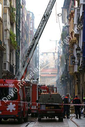 Fire trucks at the scene of an apartment fire in the city of Bilbao, Biscay, northern Spain.
