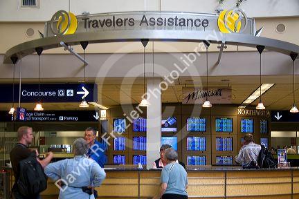 Travelers Assistance counter in the Minneapolis-Saint Paul International Airport at Minneapolis, Minnesota.