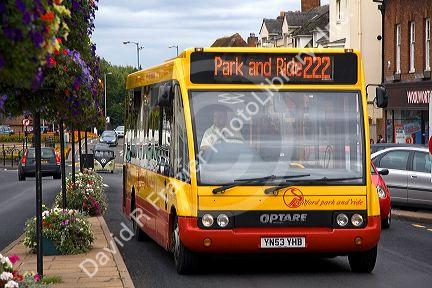 Park and Ride bus in the market town of Stratford-upon-Avon, Warwickshire, England.