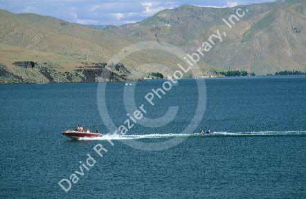 A speed boat on Lucky Peak reservoir near Boise, Idaho.