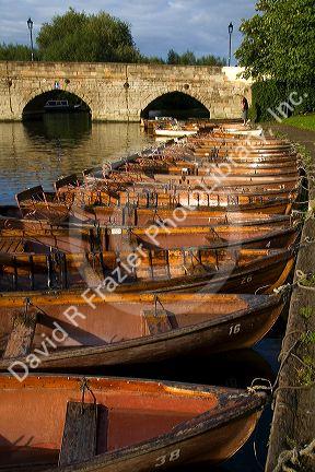 Row boats moored on the River Avon at Stratford-upon-Avon, Warwickshire, England.