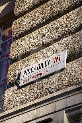 Piccadilly street sign in the city of London, England.