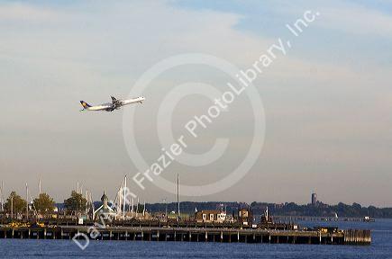 Airbus 340 airliner at take off from Logan International Airport, Boston, Massachusetts, USA.