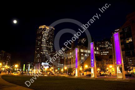 Seaport Square development at night in South Boston, Massachusetts, USA.