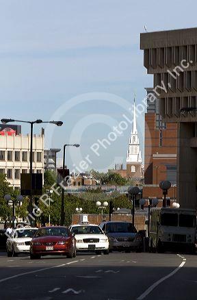 Old North Church seen in the distance from Boston City Hall, Boston, Massachusetts, USA.