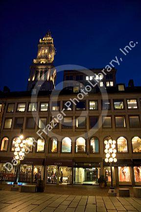 Custom House Tower and Quincy Market located in Faneuil Hall Marketplace in Boston, Massachusetts, USA.